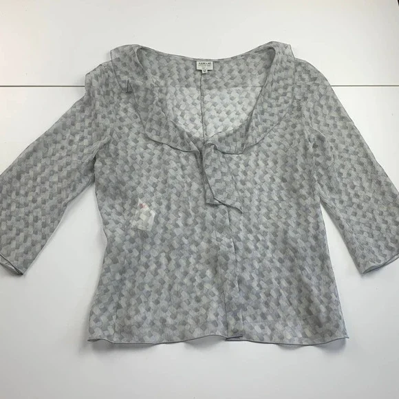 SOLD Armani Collezioni Vintage Y2K Gray 3/4 Crop Sleeve Ruffle Neck Sheer Silk - Picture 13 of 14